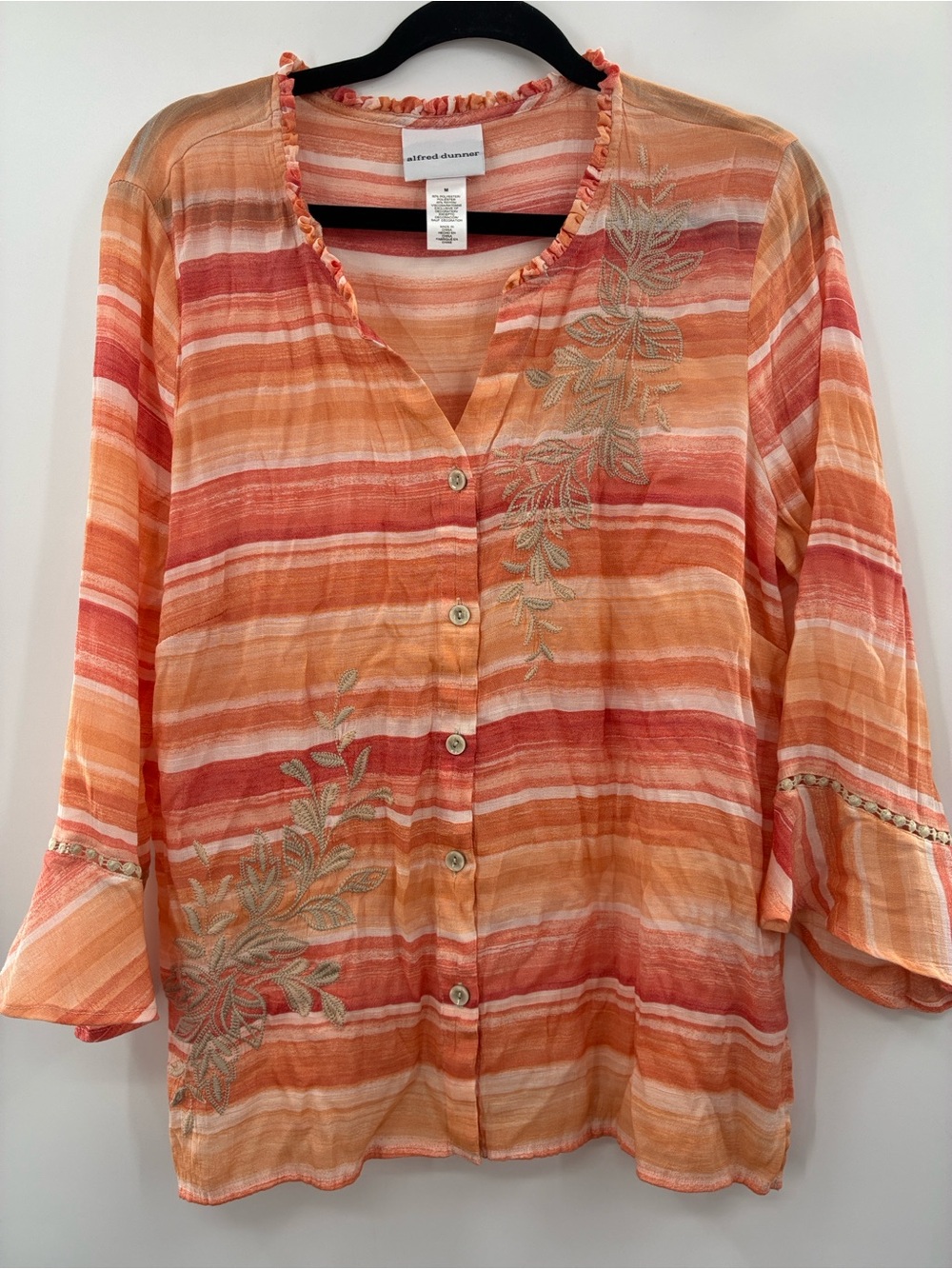 Alfred Dunner Orange and Cream Striped Embroidered Button-Front Top size: medium